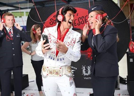 Elvis with James Ramsden and Rebecca Sullivan (British Airways cabin crew), Photo by Matt Alexander/PA Wire