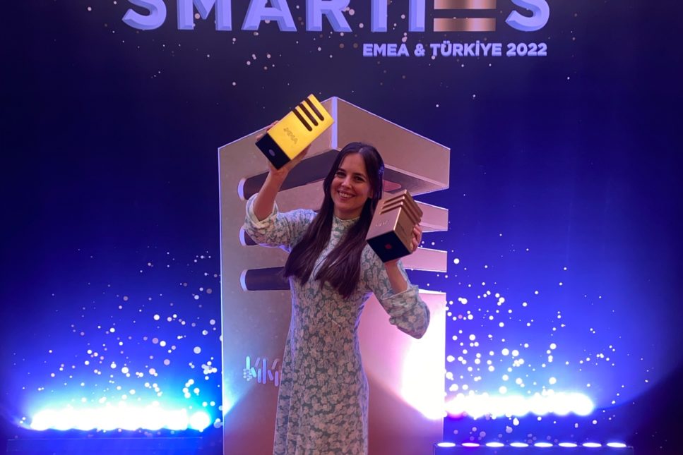 Katie Smith, Account Manager, MMGY Hills Balfour collecting the two Gold Awards for the Santa Monica Loves Brighton Campaign at the Smarties EMEA Awards 2022
