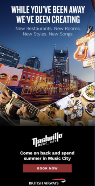 Nashville music city campaign with collages of food, guitar and city lights. At the top it says