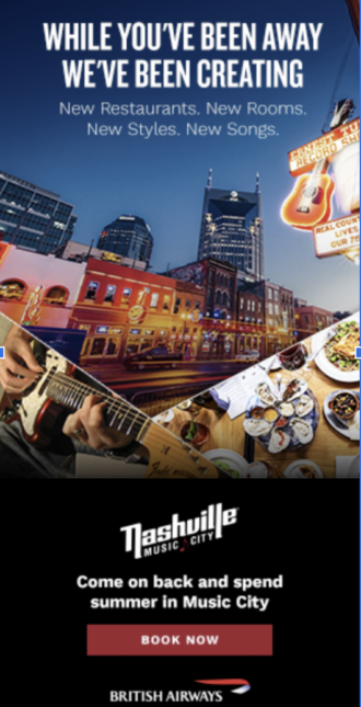 Nashville music city campaign with collages of food, guitar and city lights. At the top it says 