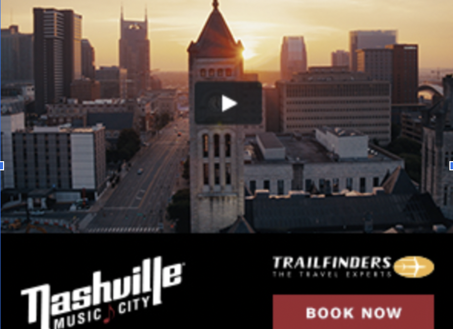 Screenshot of a video with Nashville e music city at the bottom and book now. And downtown Nashville e in the sunset