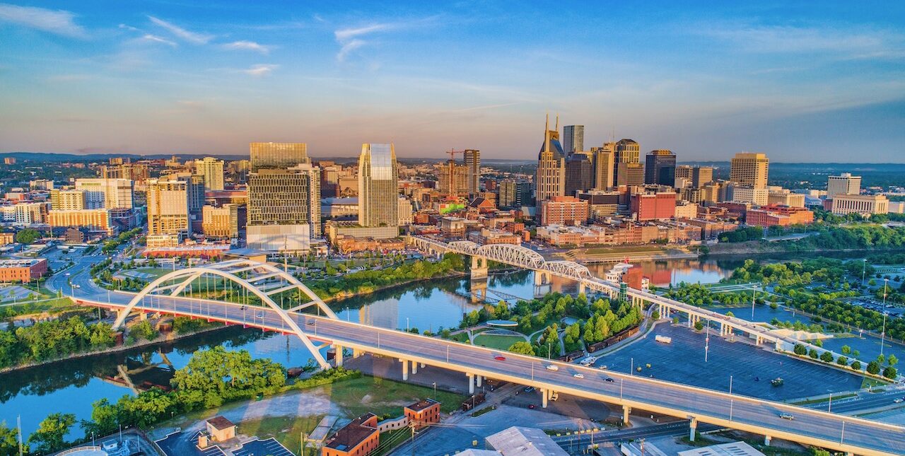 View of buildings and freeway of downtown Nashville during sunset