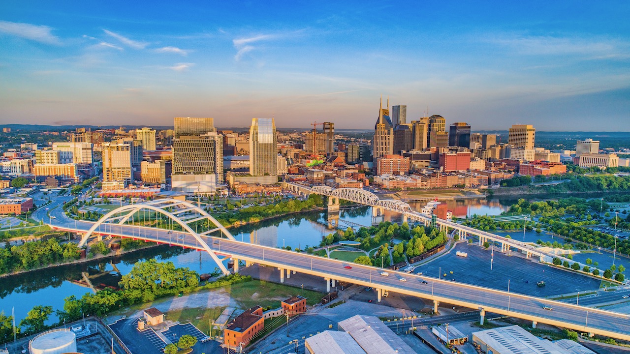 View of buildings and freeway of downtown Nashville during sunset