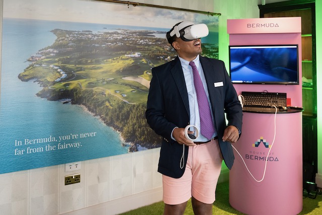 House of Bermuda event. One man in a Bermuda VR (virtual reality) headset.